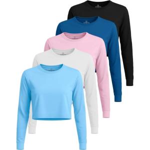 image:imageReal Essentials 5 Pack Womens DryFit Long Sleeve Crop Top  Running Workout Gym Athletic Crew Neck Shirt Plus AvailableSet 12