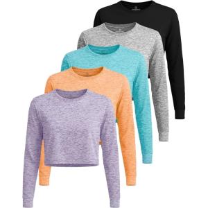 image:imageReal Essentials 5 Pack Womens DryFit Long Sleeve Crop Top  Running Workout Gym Athletic Crew Neck Shirt Plus AvailableSet 2