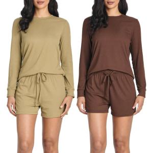 image:imageReal Essentials 2 Pack Womens Ribbed Knit Long Sleeve Top and Shorts Pullover Lounge Pajama Set Available In Plus SizeSet 1