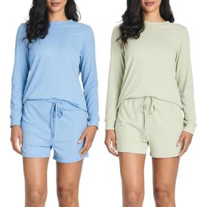 image:imageReal Essentials 2 Pack Womens Ribbed Knit Long Sleeve Top and Shorts Pullover Lounge Pajama Set Available In Plus SizeSet 3