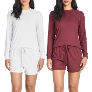 image:imageReal Essentials 2 Pack Womens Ribbed Knit Long Sleeve Top and Shorts Pullover Lounge Pajama Set Available In Plus SizeSet 4