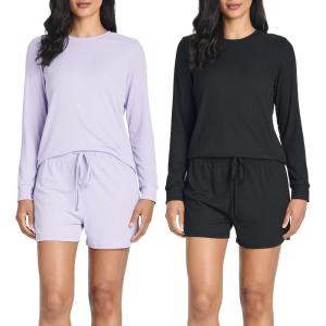 image:imageReal Essentials 2 Pack Womens Ribbed Knit Long Sleeve Top and Shorts Pullover Lounge Pajama Set Available In Plus SizeSet 6