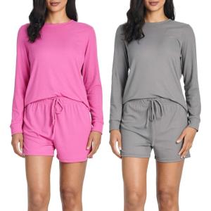 image:imageReal Essentials 2 Pack Womens Ribbed Knit Long Sleeve Top and Shorts Pullover Lounge Pajama Set Available In Plus SizeSet 8