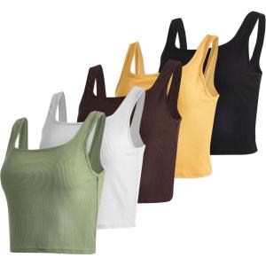image:imageReal Essentials 5 Pack Womens Square Neck Ribbed Crop Tank Tops  Racerback Workout Gym amp Casual ShirtsSet 1
