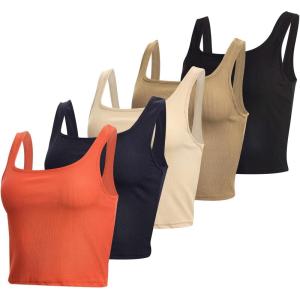 image:imageReal Essentials 5 Pack Womens Square Neck Ribbed Crop Tank Tops  Racerback Workout Gym amp Casual ShirtsSet 4