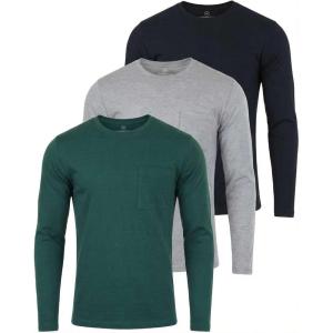image:imageReal Essentials 3 Pack Mens Cotton Long Sleeve Crew Neck TShirt with Pocket  Soft Work Casual Jersey Tees Big amp TallSet 4