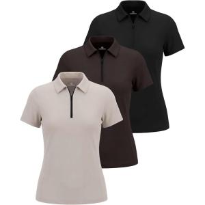 image:imageLadies SS Dry Fit Zipper Golf PoloSolid Black  Solid Chocolate Torte  Solid Moonbeam
