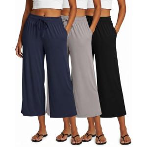 image:imageReal Essentials 3 Pack Womens UltraSoft Wide Leg Loose Capri Open Bottom Pants  Yoga Lounge PocketsAvailable in PlusSet 10