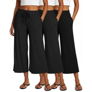 image:imageReal Essentials 3 Pack Womens UltraSoft Wide Leg Loose Capri Open Bottom Pants  Yoga Lounge PocketsAvailable in PlusSet 9