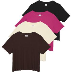image:imageReal Essentials 4 PackWomens Lettuce Trim Ribbed Knit Short Sleeve Crop Tops Shirts Casual Summer Going Out TShirtsSet 3