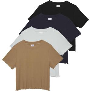 image:imageReal Essentials 4 PackWomens Lettuce Trim Ribbed Knit Short Sleeve Crop Tops Shirts Casual Summer Going Out TShirtsSet 6