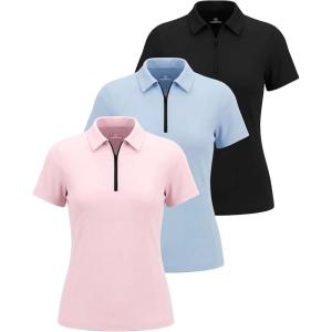 image:imageReal Essentials 3 Pack Womens Dry Fit Polo Shirts Quarter Zip Short Sleeve Athletic Golf Tennis Workout Gym Collared TopsSolid Black  Solid Ballad Blue  Solid Pale Lilac