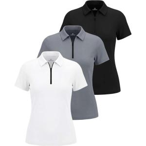 image:imageReal Essentials 3 Pack Womens Dry Fit Polo Shirts Quarter Zip Short Sleeve Athletic Golf Tennis Workout Gym Collared TopsSolid Black  Solid Quiet Shade  Solid Bright White
