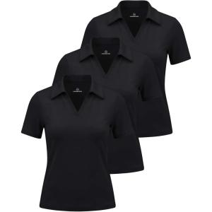 image:imageReal Essentials 3 Pack Womens Polo Shirts Short Sleeve V Neck Dry Fit Golf Athletic Workout Gym Office Collared TopsSolid Black  Solid Black  Solid Black