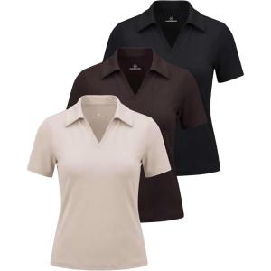 image:imageReal Essentials 3 Pack Womens Polo Shirts Short Sleeve V Neck Dry Fit Golf Athletic Workout Gym Office Collared TopsSolid Black  Solid Chocolate Torte  Solid Moonbeam
