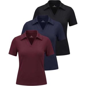image:imageReal Essentials 3 Pack Womens Polo Shirts Short Sleeve V Neck Dry Fit Golf Athletic Workout Gym Office Collared TopsSolid Black  Solid Navy Blazer  Solid Burgundy