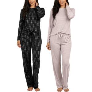 image:imageReal Essentials 2 Pack Womens Long Sleeve Pajama Sets  Soft Comfy 2 Piece PJ Set Matching Ladies Sleepwear Plus SizeSet C Black  Pink