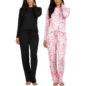 image:imageReal Essentials 2 Pack Womens Long Sleeve Pajama Sets  Soft Comfy 2 Piece PJ Set Matching Ladies Sleepwear Plus SizeSet H Black  Pink
