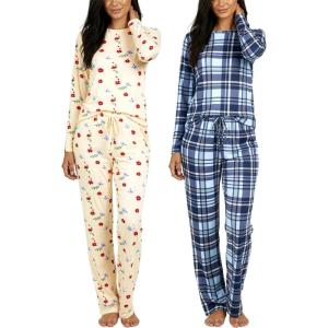 image:imageReal Essentials 2 Pack Womens Long Sleeve Pajama Sets  Soft Comfy 2 Piece PJ Set Matching Ladies Sleepwear Plus SizeSet J Navy  Beige