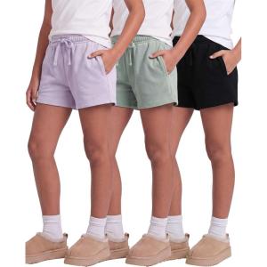 image:imageReal Essentials 3 Pack Girls Fleece Lounge Shorts Sweat Athletic Casual Cotton Soft Comfy with Pockets Cozy LoungewearSolid Black  Solid Iceberg Green  Solid Orchid Petal