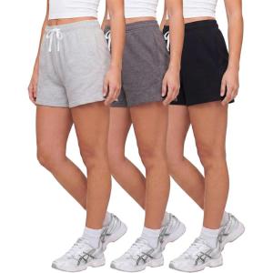 image:imageReal Essentials 3 Pack Womens Fleece Lounge Shorts Athletic Workout Gym Sweat Sleep Casual Cotton Comfy with PocketsSolid Black  Charcoal Heather  Grey Heather