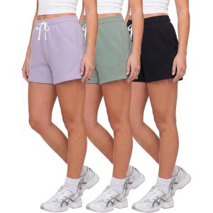 image:imageReal Essentials 3 Pack Womens Fleece Lounge Shorts Athletic Workout Gym Sweat Sleep Casual Cotton Comfy with PocketsSolid Black  Solid Iceberg Green  Solid Orchid Petal