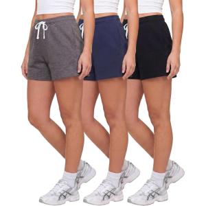 image:imageReal Essentials 3 Pack Womens Fleece Lounge Shorts Athletic Workout Gym Sweat Sleep Casual Cotton Comfy with PocketsSolid Black  Solid Navy Blazer  Charcoal Heather