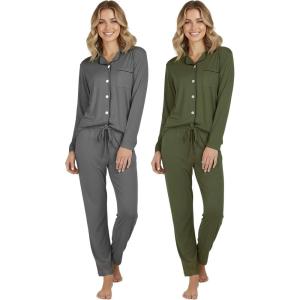 image:imageReal Essentials 2 Pack Womens Soft Pajama Set  Button Down Top and Lounge Sleep PJ Pants  Matching Sleepwear Plus SizeLong Sleeve  Set 11