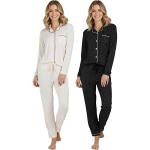 image:imageReal Essentials 2 Pack Womens Soft Pajama Set  Button Down Top and Lounge Sleep PJ Pants  Matching Sleepwear Plus SizeLong Sleeve  Set 2