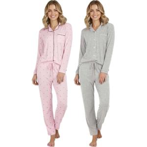 image:imageReal Essentials 2 Pack Womens Soft Pajama Set  Button Down Top and Lounge Sleep PJ Pants  Matching Sleepwear Plus SizeLong Sleeve  Set 4