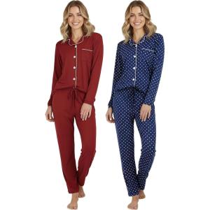 image:imageReal Essentials 2 Pack Womens Soft Pajama Set  Button Down Top and Lounge Sleep PJ Pants  Matching Sleepwear Plus SizeLong Sleeve  Set 6