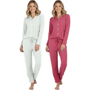 image:imageReal Essentials 2 Pack Womens Soft Pajama Set  Button Down Top and Lounge Sleep PJ Pants  Matching Sleepwear Plus SizeLong Sleeve  Set 9