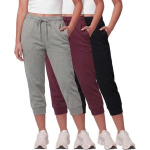 image:imageReal Essentials 3 Pack Womens Fleece Capri Joggers Athletic Lounge Gym Running Sweatpants with Pockets Available in PlusSolid Black  Solid Burgundy  Grey Heather