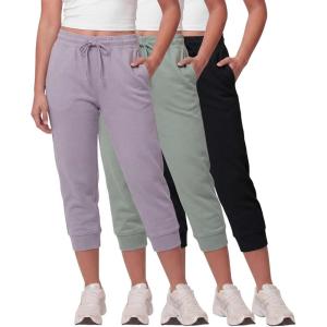 image:imageReal Essentials 3 Pack Womens Fleece Capri Joggers Athletic Lounge Gym Running Sweatpants with Pockets Available in PlusSolid Black  Solid Iceberg Green  Solid Orchid Petal