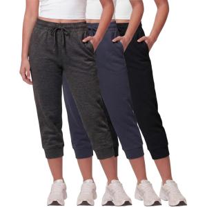 image:imageReal Essentials 3 Pack Womens Fleece Capri Joggers Athletic Lounge Gym Running Sweatpants with Pockets Available in PlusSolid Black  Solid Navy Blazer  Charcoal Heather