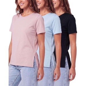 image:imageReal Essentials 3 Pack Womens Cotton Split Hem T Shirts Short Sleeve Crew Neck Side Slit Stretchy Tees Casual Summer SpringSolid Black  Solid Ballad Blue  Solid Pale Lilac