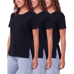 image:imageReal Essentials 3 Pack Womens Cotton Split Hem T Shirts Short Sleeve Crew Neck Side Slit Stretchy Tees Casual Summer SpringSolid Black  Solid Black  Solid Black