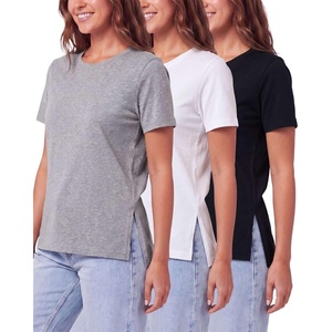 image:imageReal Essentials 3 Pack Womens Cotton Split Hem T Shirts Short Sleeve Crew Neck Side Slit Stretchy Tees Casual Summer SpringSolid Black  Solid Bright White  Grey Heather