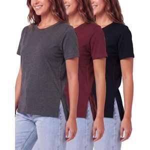image:imageReal Essentials 3 Pack Womens Cotton Split Hem T Shirts Short Sleeve Crew Neck Side Slit Stretchy Tees Casual Summer SpringSolid Black  Solid Burgundy  Charcoal Heather
