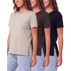 image:imageReal Essentials 3 Pack Womens Cotton Split Hem T Shirts Short Sleeve Crew Neck Side Slit Stretchy Tees Casual Summer SpringSolid Black  Solid Chocolate Torte  Solid Moonbeam
