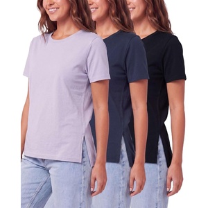 image:imageReal Essentials 3 Pack Womens Cotton Split Hem T Shirts Short Sleeve Crew Neck Side Slit Stretchy Tees Casual Summer SpringSolid Black  Solid Navy Blazer  Solid Orchid Petal