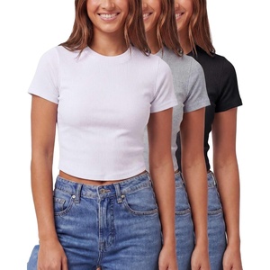 image:imageReal Essentials 3 Pack Womens Cropped Cap Sleeve Ribbed Cotton T Shirts Crop Tops Crew Neck Tees Casual Summer Spring TopsSolid Black  Grey Heather  Solid Bright White