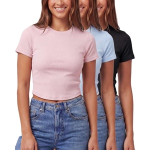 image:imageReal Essentials 3 Pack Womens Cropped Cap Sleeve Ribbed Cotton T Shirts Crop Tops Crew Neck Tees Casual Summer Spring TopsSolid Black  Solid Ballad Blue  Solid Pale Lilac