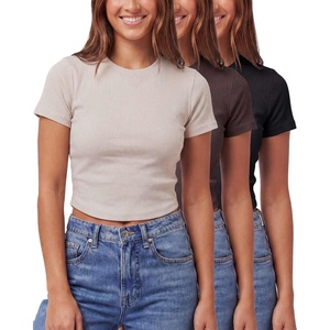 image:imageReal Essentials 3 Pack Womens Cropped Cap Sleeve Ribbed Cotton T Shirts Crop Tops Crew Neck Tees Casual Summer Spring TopsSolid Black  Solid Chocolate Torte  Solid Moonbeam