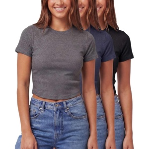 image:imageReal Essentials 3 Pack Womens Cropped Cap Sleeve Ribbed Cotton T Shirts Crop Tops Crew Neck Tees Casual Summer Spring TopsSolid Black  Solid Navy Blazer  Charcoal Heather
