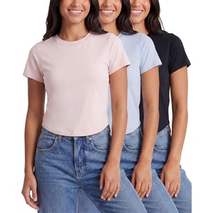 image:imageReal Essentials 3 Pack Womens Cropped Cap Sleeve T Shirts Cotton Crew Neck Short Sleeve Tees Casual Going Out Summer TopsSolid Black  Solid Ballad Blue  Solid Pale Lilac