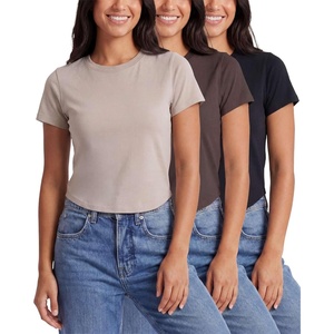 image:imageReal Essentials 3 Pack Womens Cropped Cap Sleeve T Shirts Cotton Crew Neck Short Sleeve Tees Casual Going Out Summer TopsSolid Black  Solid Chocolate Torte  Solid Moonbeam