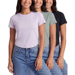 image:imageReal Essentials 3 Pack Womens Cropped Cap Sleeve T Shirts Cotton Crew Neck Short Sleeve Tees Casual Going Out Summer TopsSolid Black  Solid Iceberg Green  Solid Orchid Petal