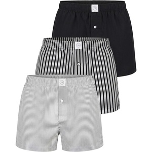 image:imageReal Essentials 3 Pack Mens Woven Cotton Poplin Lounge Shorts Sleep Casual Comfy Loose Fit Elastic Waist PJ Bottoms PocketsSolid Black  Black Stripe  Ultimate Grey Stripe