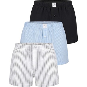 image:imageReal Essentials 3 Pack Mens Woven Cotton Poplin Lounge Shorts Sleep Casual Comfy Loose Fit Elastic Waist PJ Bottoms PocketsSolid Black  Clear Sky Stripe  Bright White Stripe